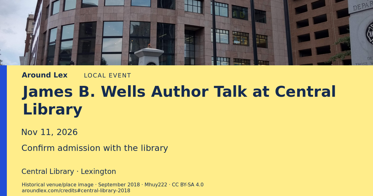 Around Lex share card for James B. Wells Author Talk at Central Library